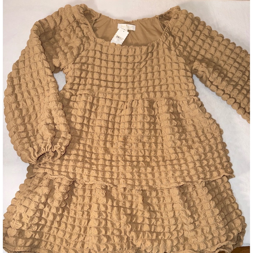 Simply Southern Bubble Knit Tiered Dress Tan Popcorn Texture Long Sleeve Large - Picture 10 of 13